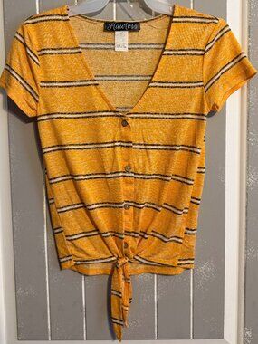 Flawless Juniors XS Short Sleeve Front Tie Tee Shirt Yellow, Brown & White NWOT